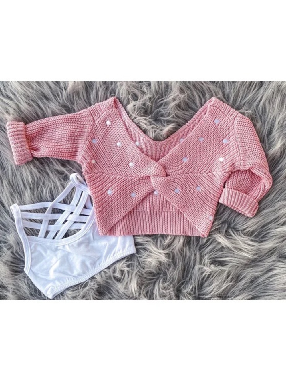 Women's Pink Knit Twist-Front Sweater with Pearl Embellishments
